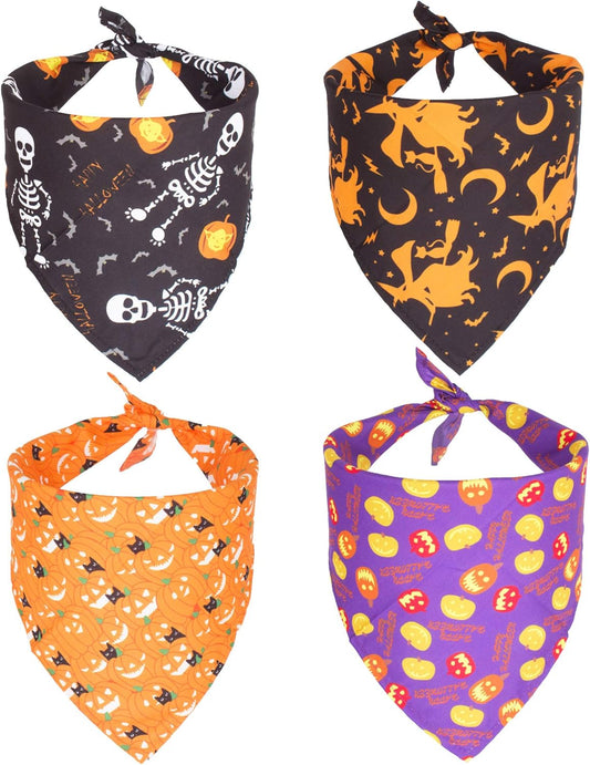 4PCS Halloween Dog Bandana Pet Halloween Bandana Pumpkin Ghost Witch Print Dog Puppy Halloween Bandana Pet Triangle Bibs Scarf Accessories for Dogs Cats Pets (Black&Orange&Purple)