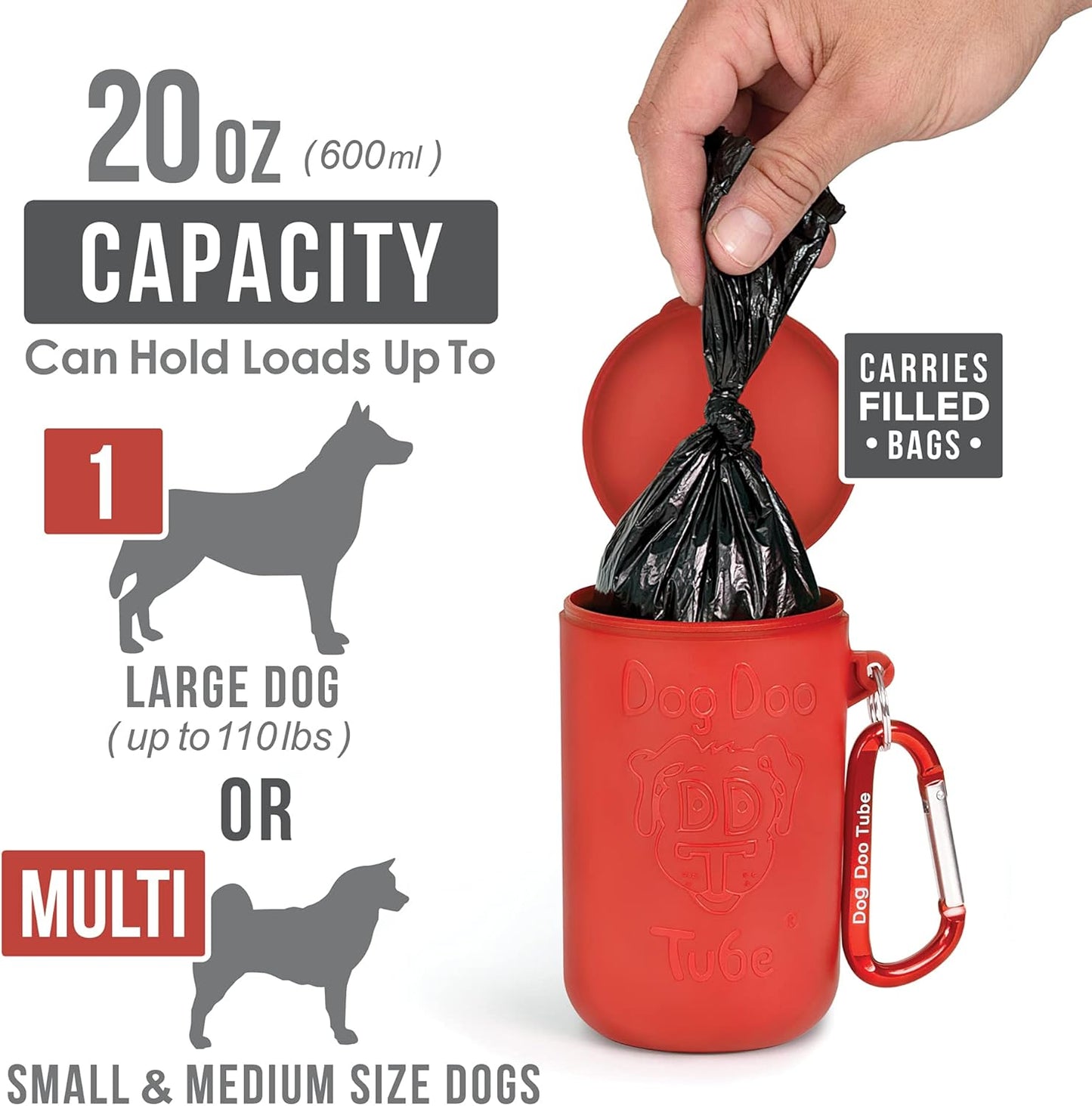 Dog Doo Tube Reusable Dog Poop Holder for Dog Walkers - Carries Used Dog Poop Bags - Tight Fitting Lid Keeps in Odors - Dog Waste Carrier - Attachable to Dog Leash, Harness or Waist (Medium, Red)