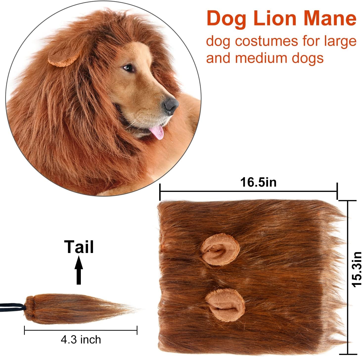 Lion Mane for Dog Costumes, Dog Lion Mane, Realistic Lion Wig for Medium to Large Sized Dogs, Large Dog Halloween Costumes, Lion Mane for Dog, Halloween Costumes for Dogs (Dark Brown)